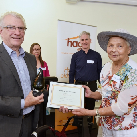 Commissioner for Senior Victorians Gerard Mansour awarding a lifetime membership award to HAAG member Frances Swann