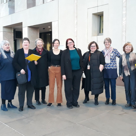 HAAG’s delegation arriving at Parliament House. From left – Michelle Cooke, Maggie Shambrook, Dani Kehoe, Vera Consadine, Associate Professor Emma Power, Fiona York, Emma Greenhalgh from Shelter, Linda Hahn, Bee Teh, Dini Liyanarachchi 