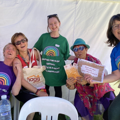 group of people at Midsumma wearing colourful t-shirts