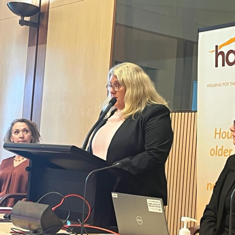 Michelle Cooke speaking at the launch of the report "Ageing in a Housing Crisis"